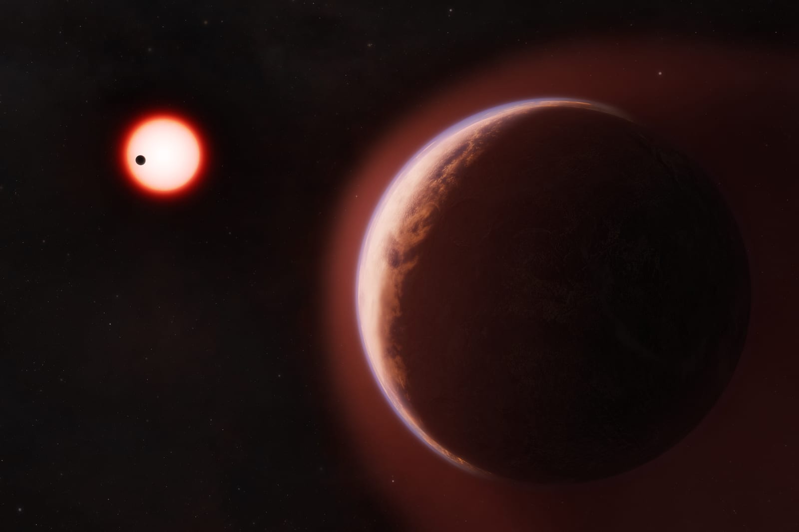 Artist concept of the exoplanet LHS 1140 b, a rocky world about 1.7 times Earth radius, shown with a glowing helium-rich atmosphere. A red dwarf star illuminates the scene and a second rocky planet orbits in the background. Credit: Melissa Weiss / Center for Astrophysics | Harvard and Smithsonian.