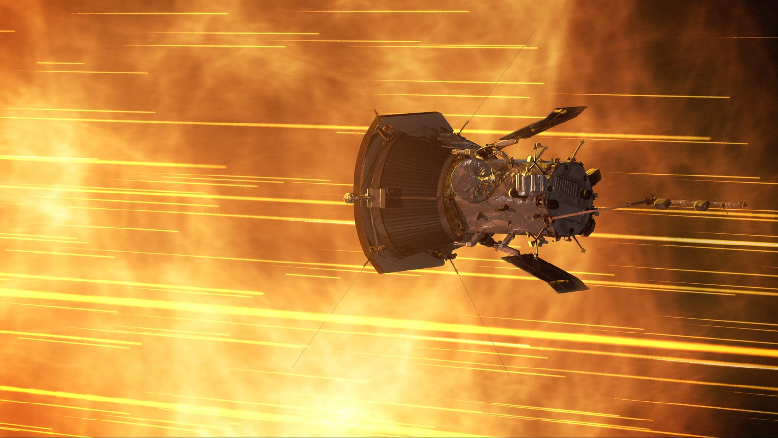Artist concept of the Parker Solar Probe spacecraft in flight, its large white heat shield facing a bright light source off to the left, with streaks suggesting the solar wind streaming past. Credit: NASA/Johns Hopkins APL.