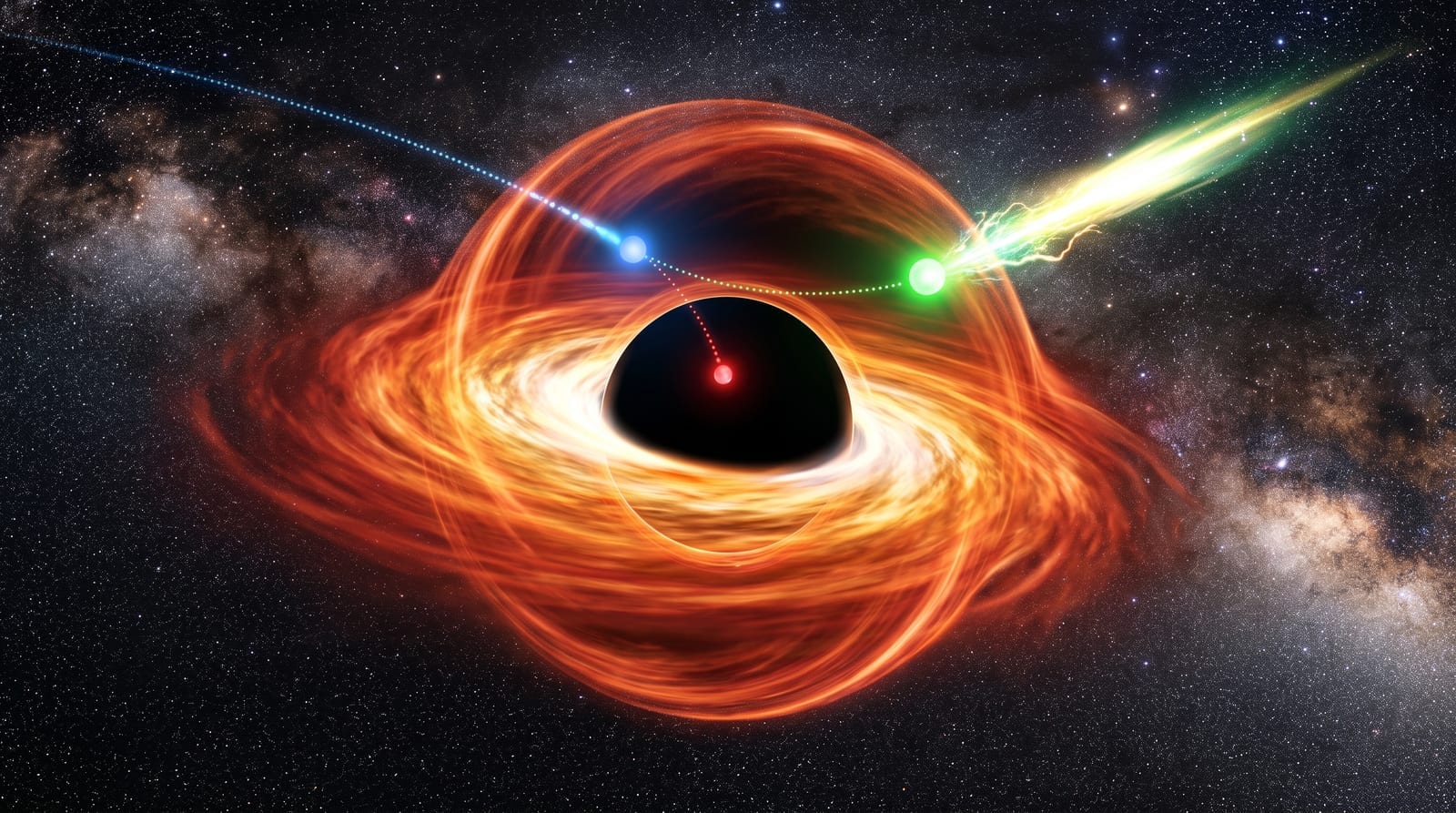 Conceptual illustration of the Penrose process showing a spinning black hole with a glowing orange ergosphere region. A blue particle enters the ergosphere, splits into a red fragment that falls into the black hole and a green fragment that escapes carrying more energy than it entered with. Generated illustration for Impossible Universe.