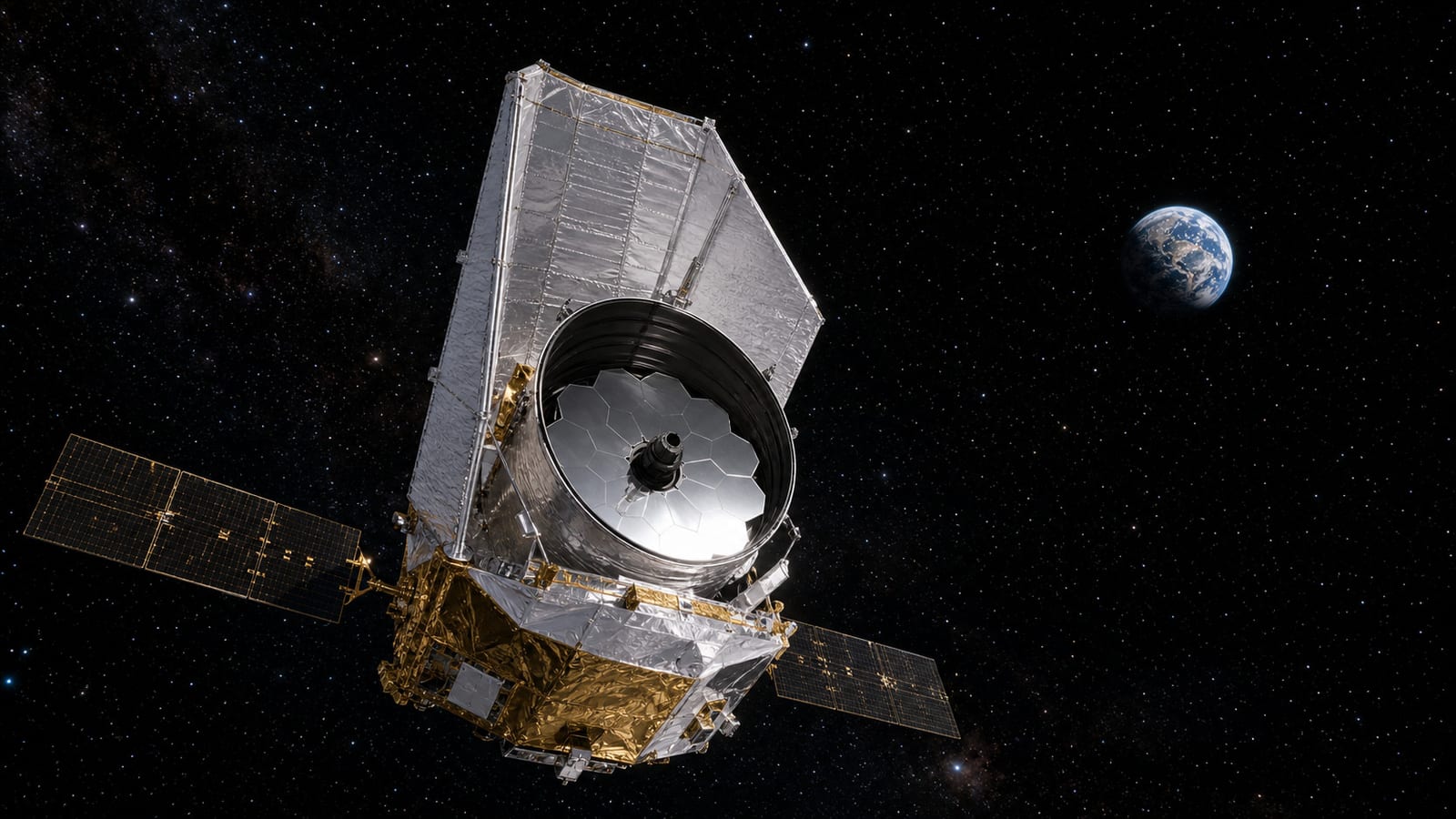 Illustration of the Nancy Grace Roman Space Telescope in its deployed configuration in space, with its silver primary mirror, sunshield, solar panels, and Earth in the distance. Generated for Impossible Universe.