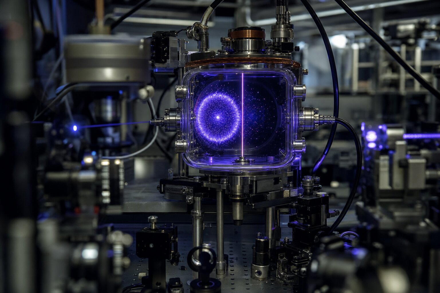 A realistic photorealistic scene inside a physics laboratory: a small glass vacuum chamber glows with blue-violet laser light containing a visible cloud of ultracold rubidium atoms divided into two glowing regions by a thin laser barrier. Scientific laboratory equipment surrounds the chamber. Generated illustration for Impossible Universe.