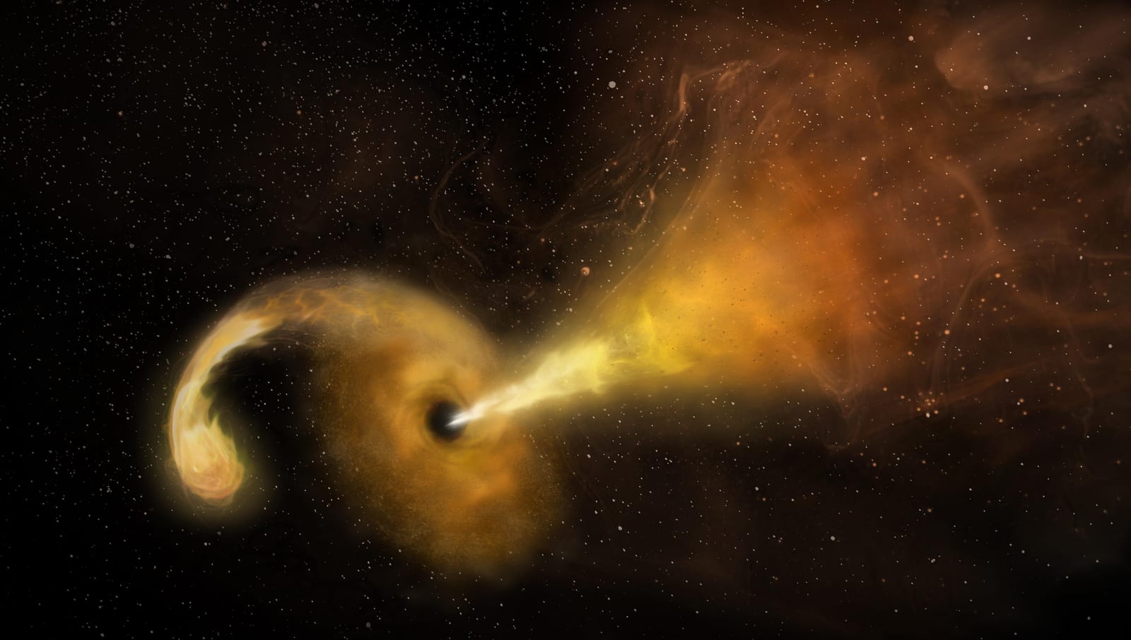 Artist's concept of a tidal disruption event: a supermassive black hole tears apart a passing star, with debris swirling into a glowing accretion disk and a relativistic jet launching from the pole. Credit: NRAO/AUI/NSF/NASA.